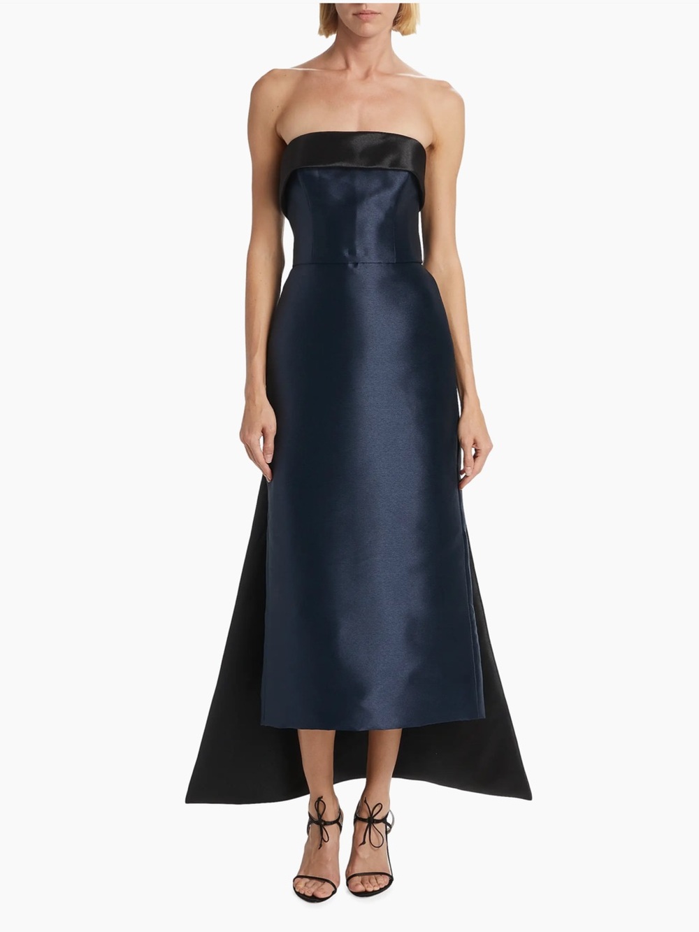 Amsale Mikado Satin Strapless Navy High-Low Tea-Length Evening Dress - Picture 3 of 7